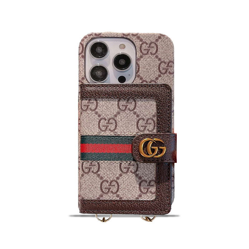 GG iPhone Case With Card Holder And Strap Brown -SZK240401