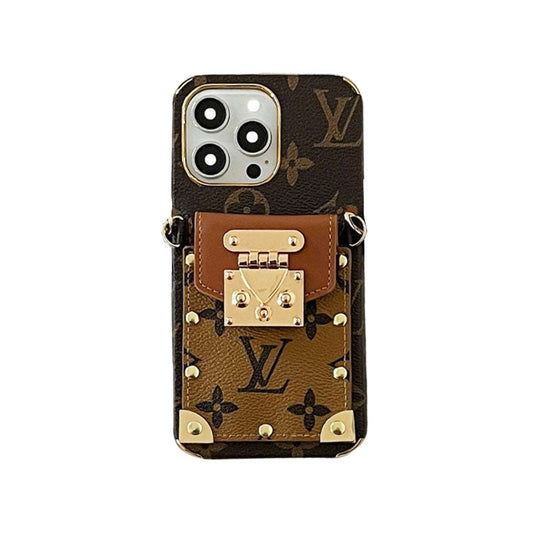 MONOGRAM IPHONE CASE WITH CARD HOLDER AND STRAP BROWN