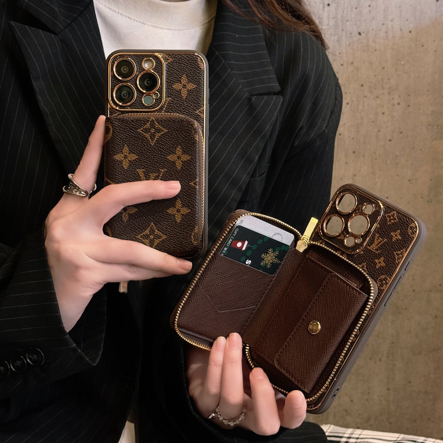 Monogram iPhone Case With Wallet Brown Big Printing-LQB240329