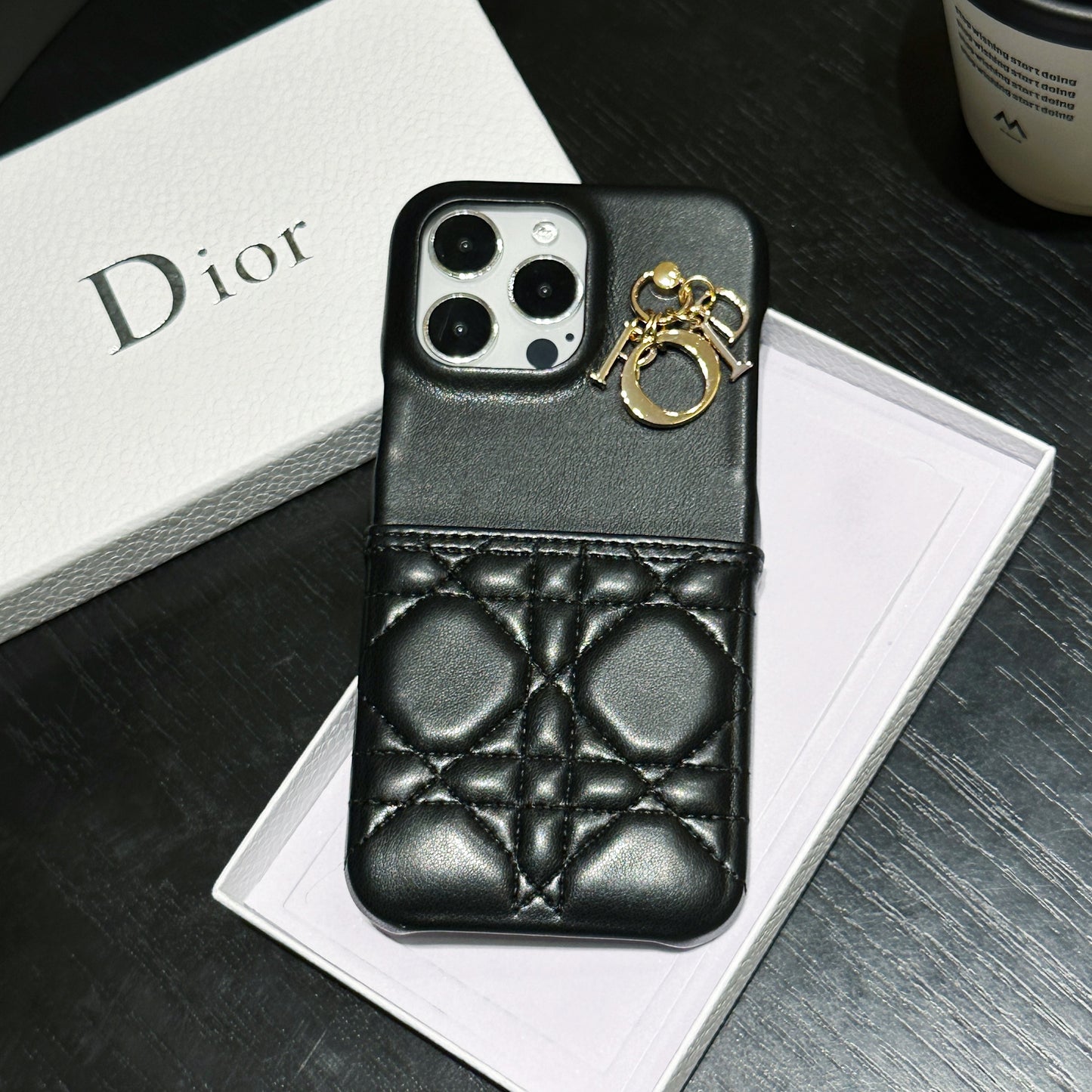 Classic CD iPhone Case With Card Holder Leather Black-JDK240513