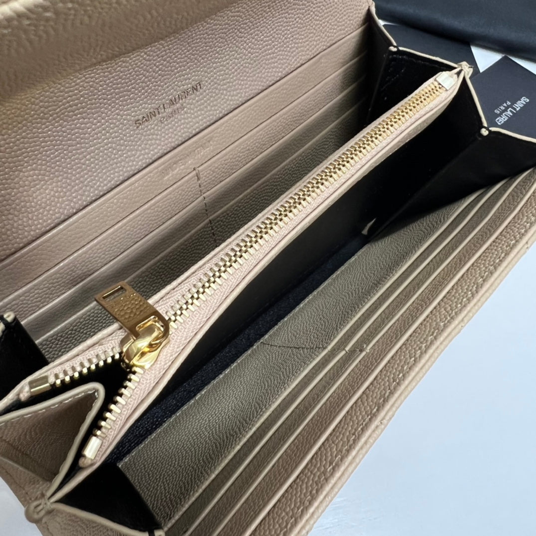 YSL Long Wallet Beige Leather Gold Tone 10772  19cm