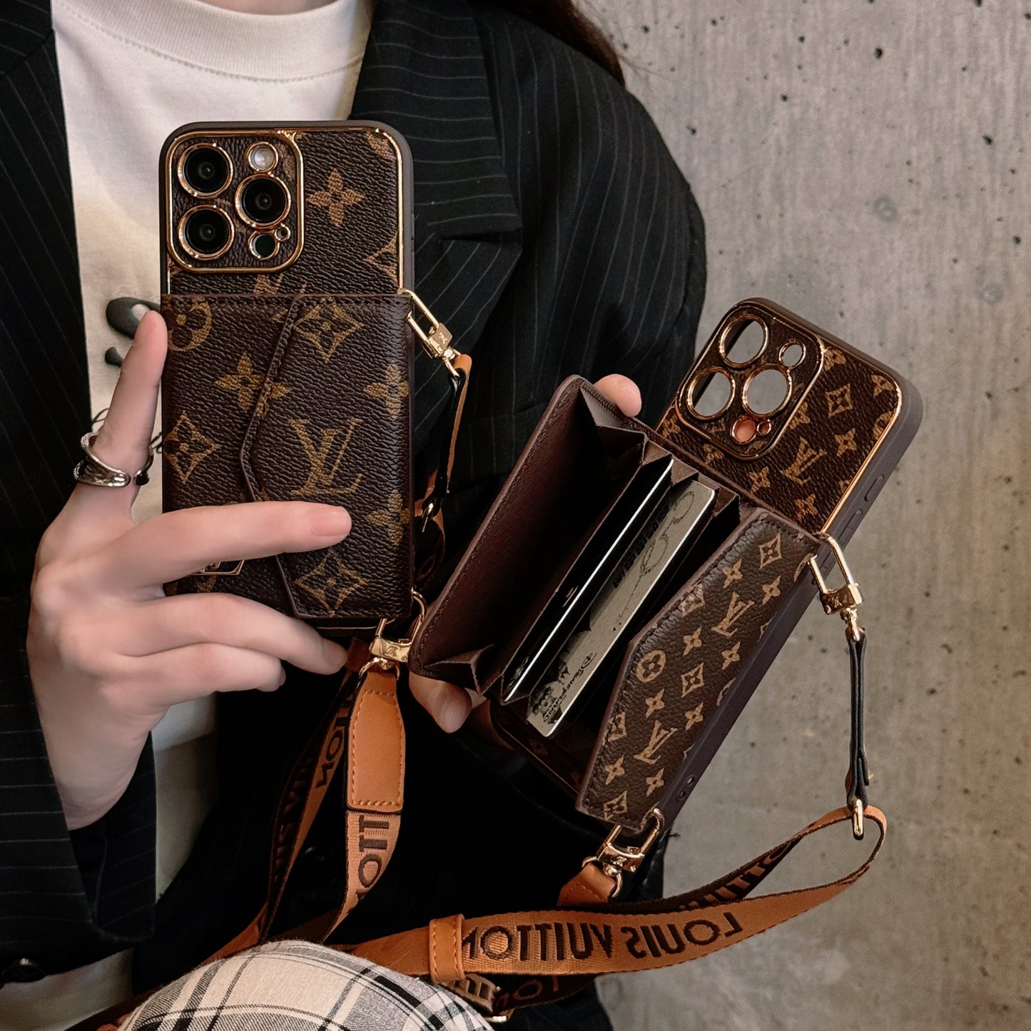 Monogram iPhone Case With Wallet And Strap Brown Big Printing-XFQ240329