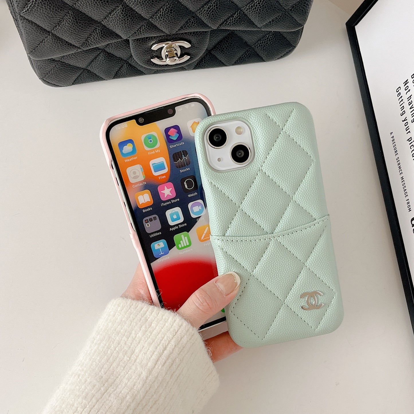 Leather CC iPhone Case With Crad Holder Green -PZB240603