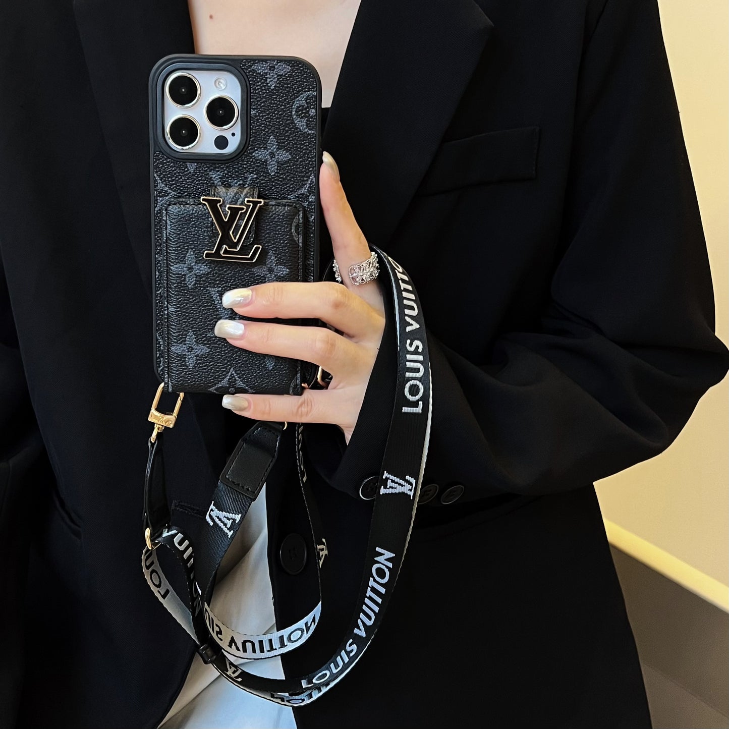 Monogram iPhone Case With Card Holder And Strap Black-SXK241712