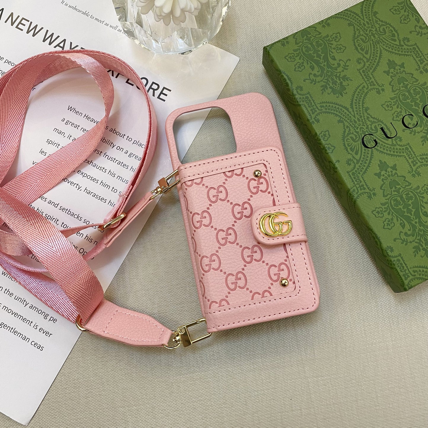 GG iPhone Case With Wallet And Strap Pink -ZY241720