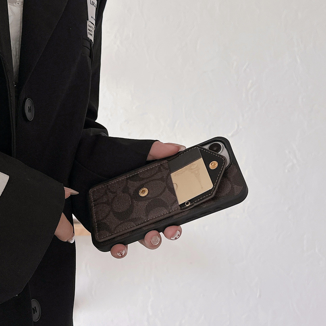 CH  iPhone Case With Card Holder And Strap Dark Brown -SJ240513