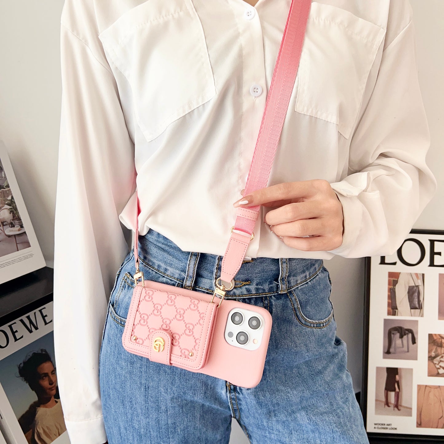 GG iPhone Case With Wallet And Strap Pink -ZY241720