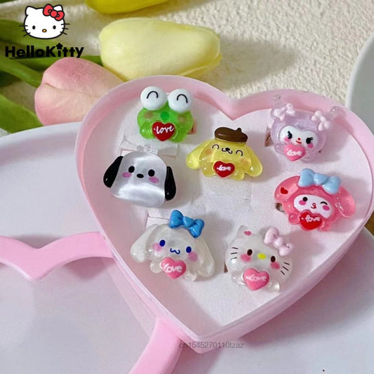 7pcs Pack Kawaii Anime Sanrio Ring With Love Box Hello Kitty Open Bracelet Ring Cartoon My Melody Cinnamoroll Kuromi Girl Ring